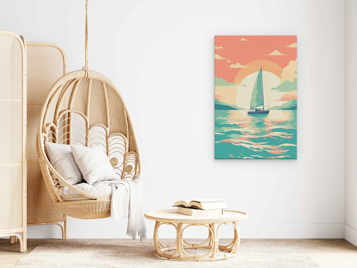 Minimalist Pastel Sailboat Sunset Calm Sea Teal Water Retro Style Travel Poster - Image 3
