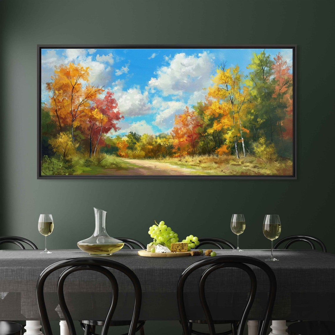 Golden Autumn Forest Path Fall Foliage Under Blue Sky Art Print - Image 3