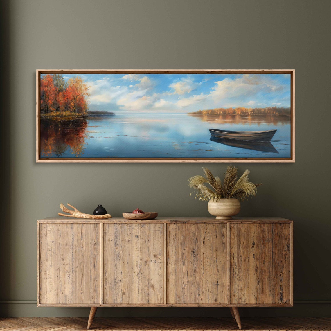 Rowboat On Peaceful Autumn Lake Cloudy Day Fall Reflection Poster - Image 3