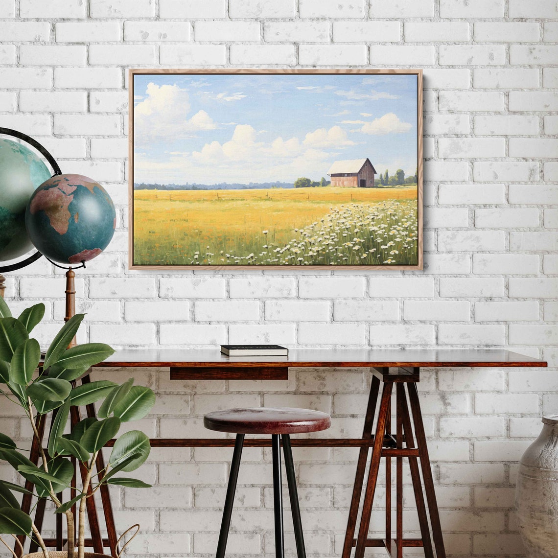 Rustic Farm Vintage Painting Framed Print Ready To Hang Farmhouse Decor - Image 2