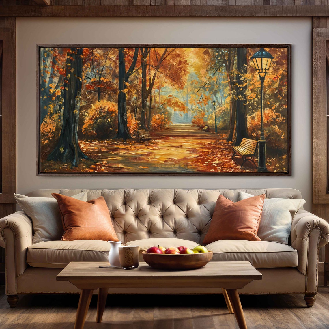 Golden Autumn Park Path Benches Lamps Fall Foliage Panoramic Poster