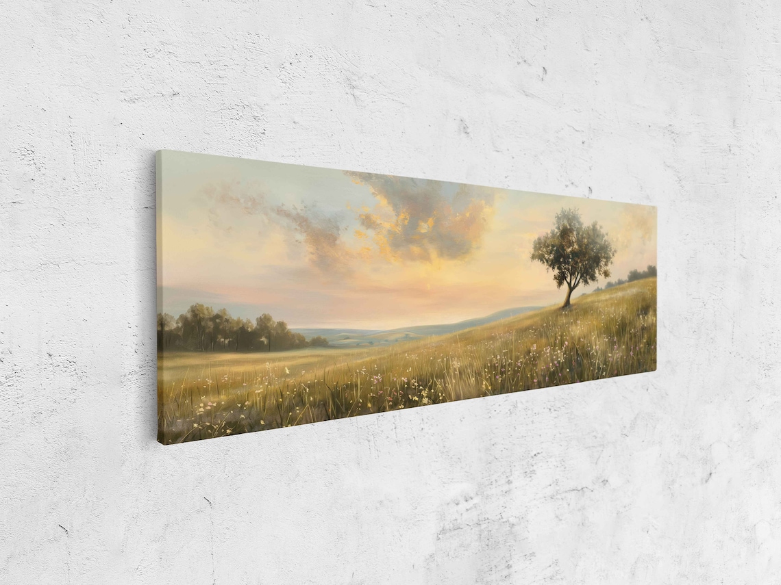 Minimalistic Serene Meadow Landscape Panoramic Wall Art Print Lone Tree In Grassland Nature Painting Ready To Hang - Image 4
