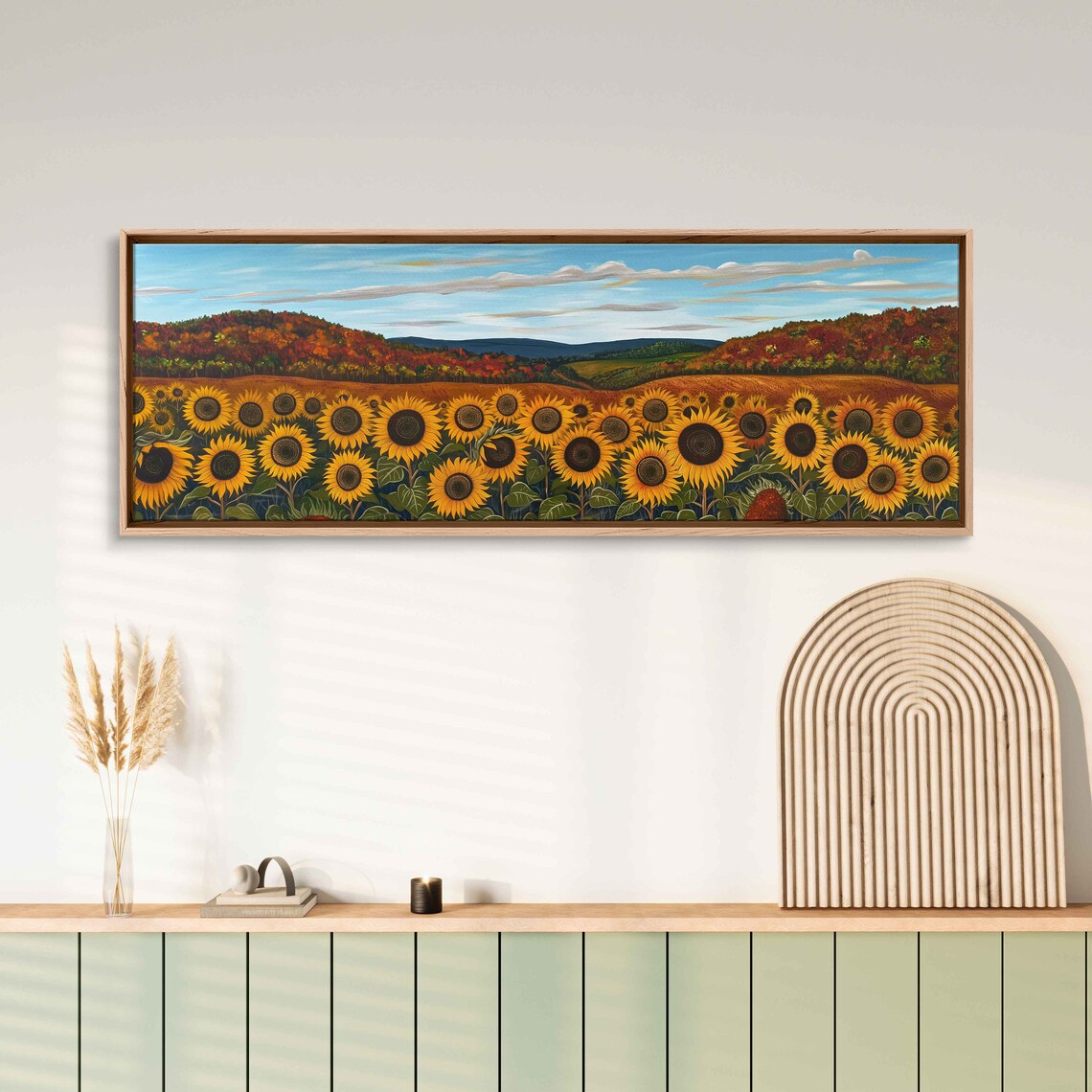 Sunflower Field With Autumn Trees And Mountain Hills Painting Poster