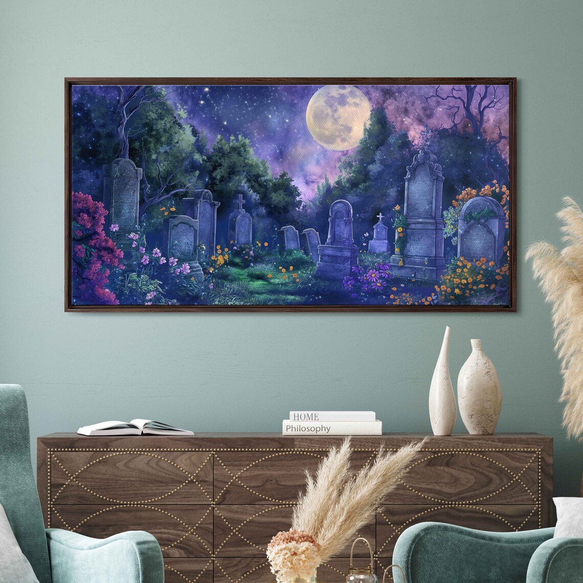 Moonlit Graveyard Watercolor Tombstones Full Moon Night Gothic Wall Art - Image 3