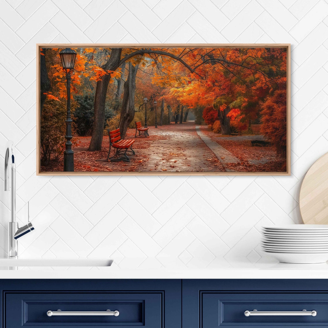 Autumn Park Path With Red Benches And Vintage Street Lamps Poster - Image 3
