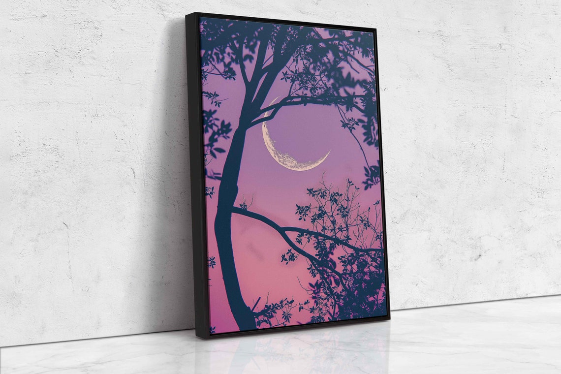 Crescent Moon Shown Through Tree Branches Wall Art Print Vibrant Pink Sky Nature Painting Ready To Hang - Image 4