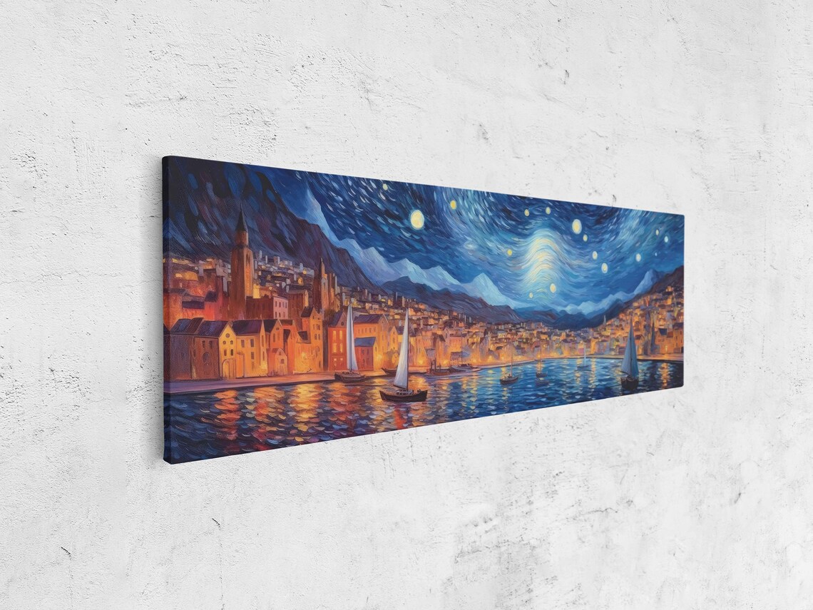 Van Gogh-Inspired Starry Night Coastal Town Art Print - Image 4