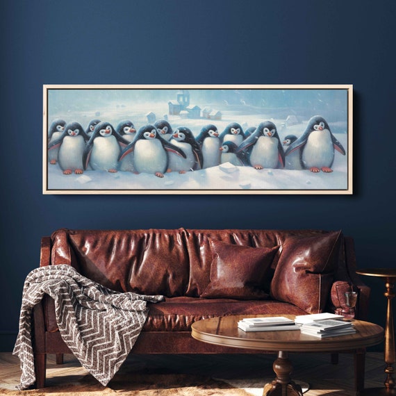 Cute Penguins Panoramic Wall Art Painting Print On Ready To Hang Nursery Wall Art