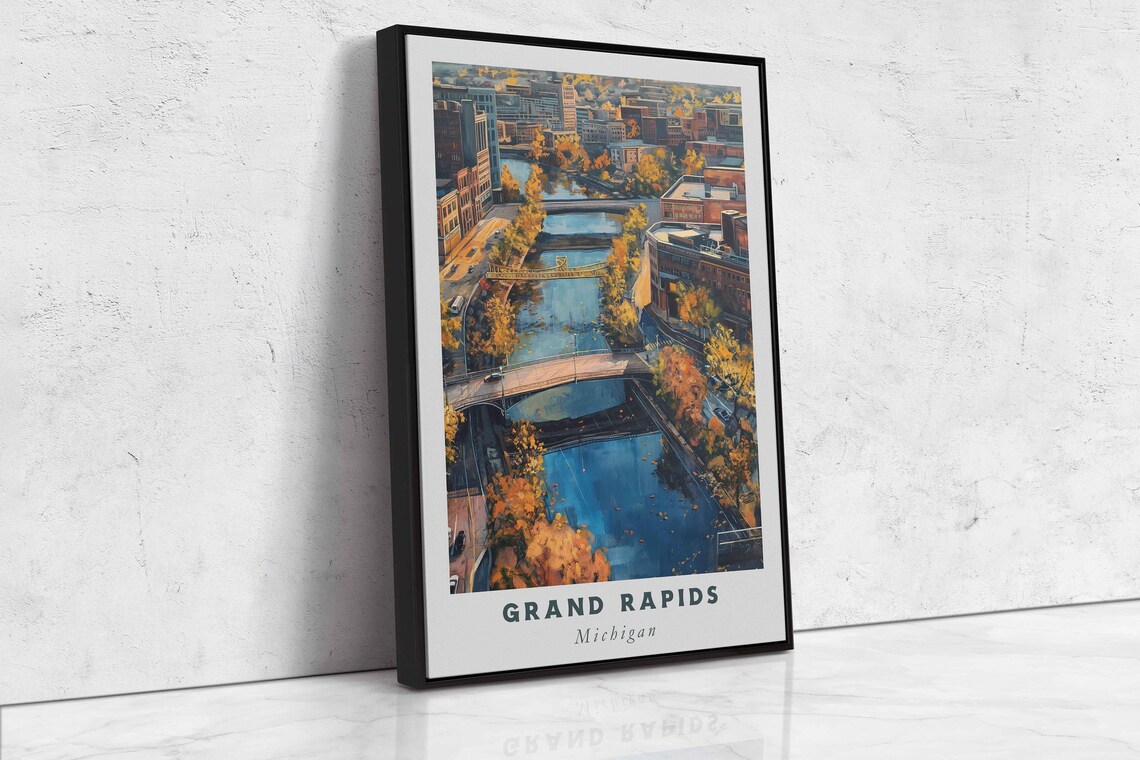 Grand Rapids Michigan River Bridges Autumn Aerial Travel Poster - Image 2