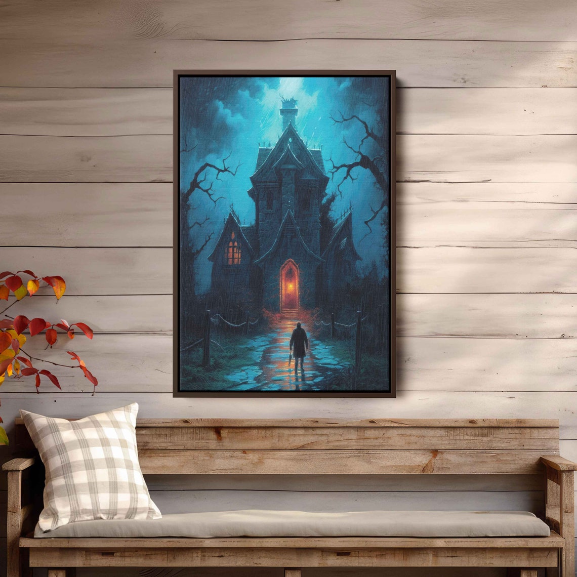 Spooky Haunted House Night Glowing Door Lone Figure Gothic Art Poster - Image 3
