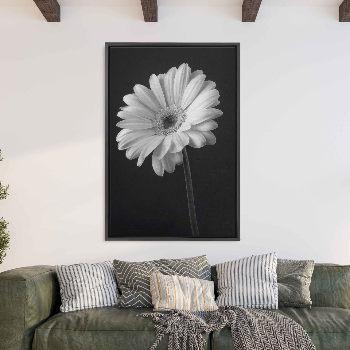 Monochrome Daisy Close Up White Flower Black Background Art Print - Image 3