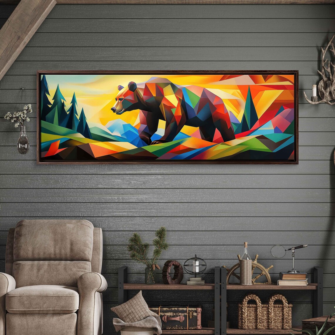 Geometric Grizzly Bear Panoramic Art Colorful Cubist Sunset Mountain Landscape Poster - Image 3