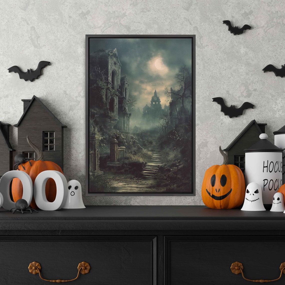Abandoned Abbey Ruins Stone Staircase Full Moon Foggy Night Wall Art
