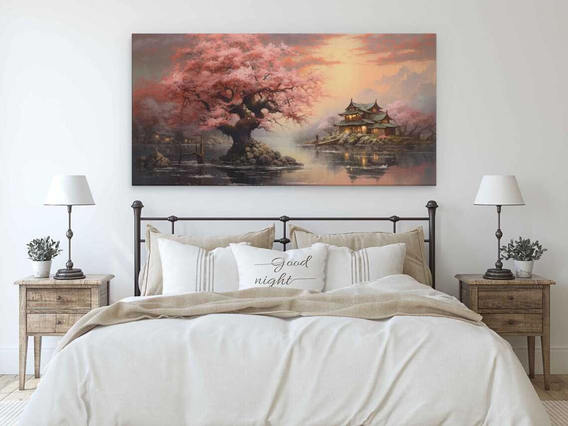 Pink Cherry Tree Blossoms On A Lake With Japanese Building Dark Cloudy Day At Sunset Print On Ready To Hang - Image 2