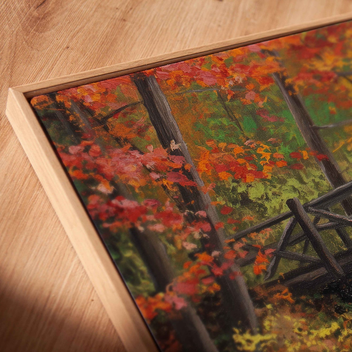 Rustic Wooden Footbridge Over Rocky Stream In Autumn Forest Art Poster - Image 2