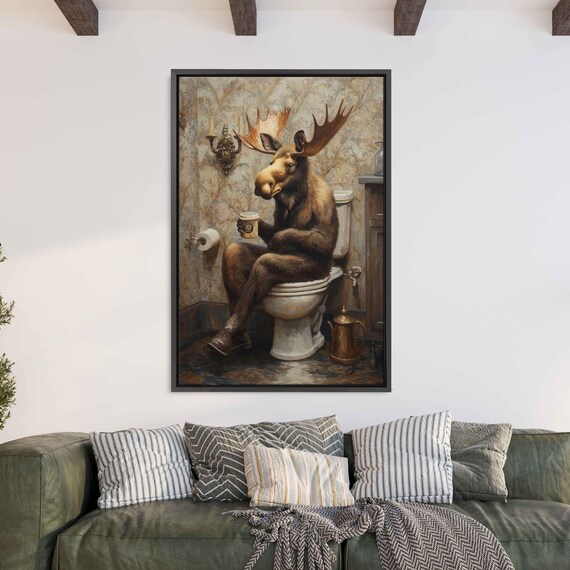 Moose Drinking Coffee On Toilet Vintage Wallpaper Funny Poster