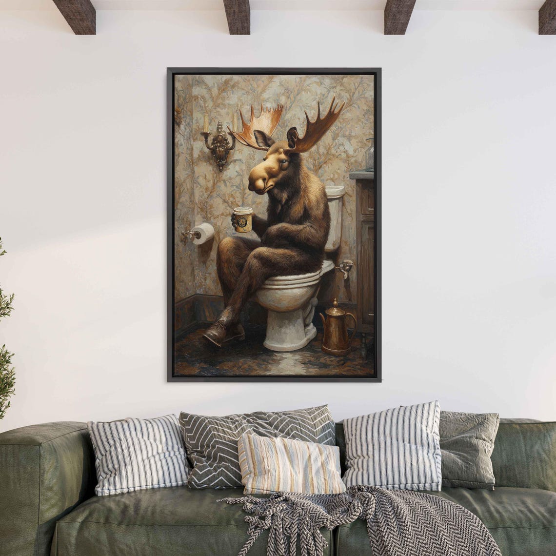 Moose Drinking Coffee On Toilet Vintage Wallpaper Funny Poster