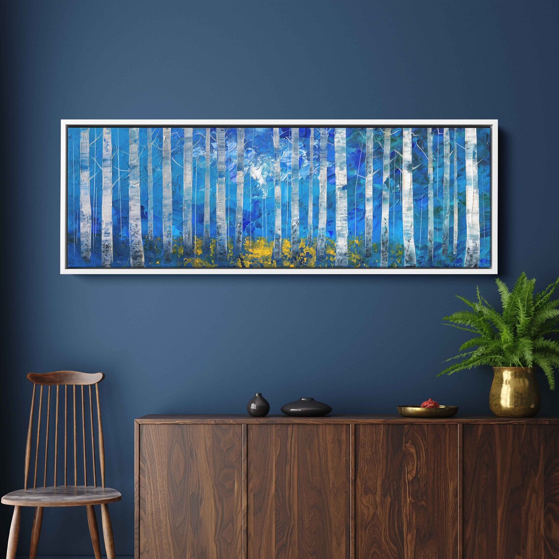Birch Trees Lined Up Panoramic Acrylic Wall Art Print Impressionist Art Tiny Branches Gift For Naturalist Ready To Hang