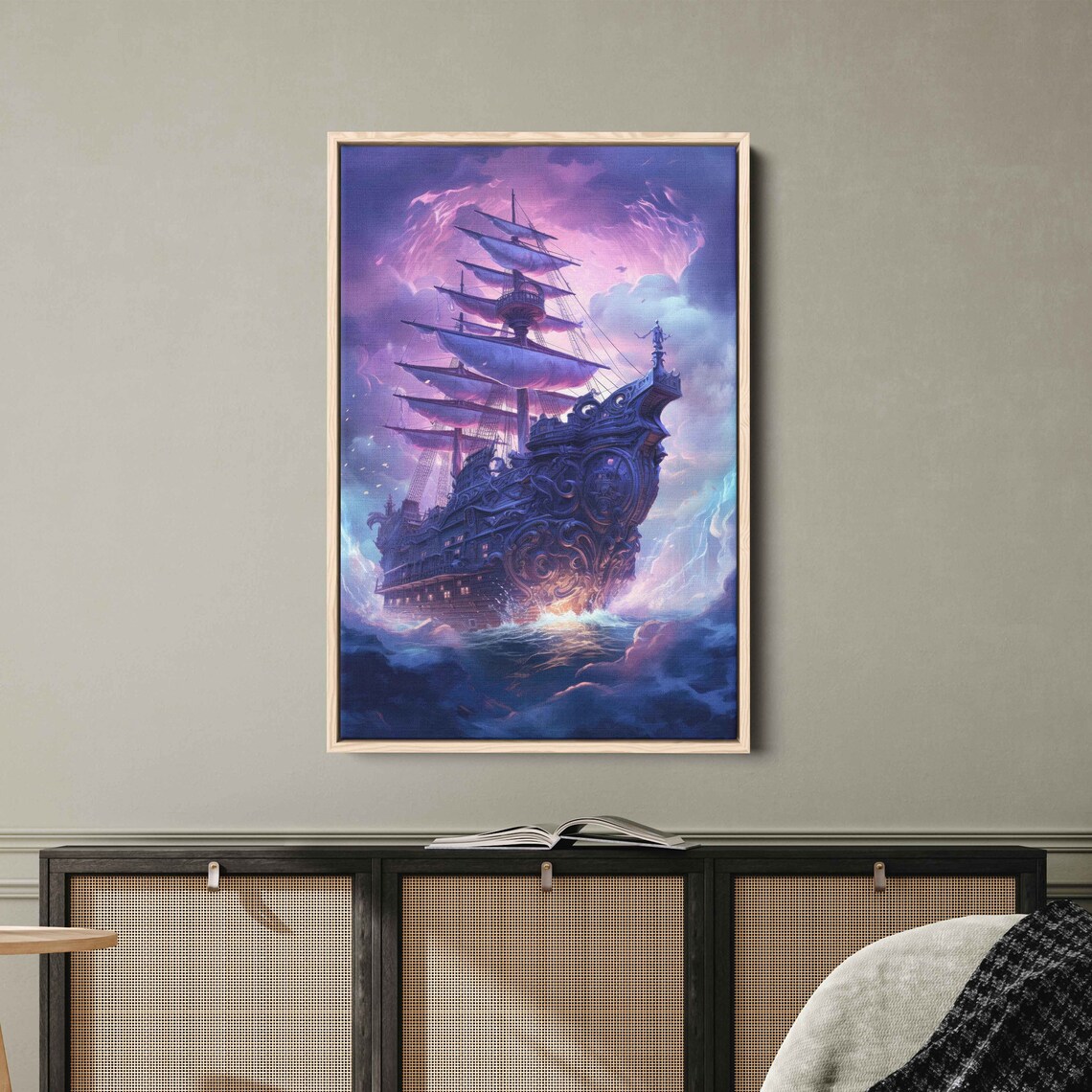 Ghostly Pirate Ship Tattered Sails Violet Storm Clouds Fantasy Ocean Poster - Image 3