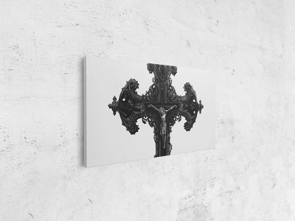 Ornate Gothic Crucifix Cross Baroque Carved Details Ink Halloween Poster - Image 4