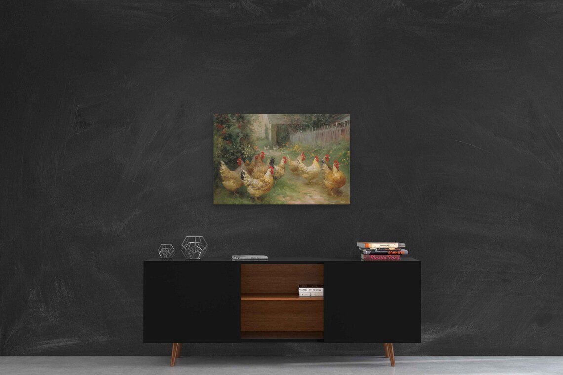 Chickens In Farmyard Garden Oil Painting Rustic Farmhouse Art Poster - Image 2