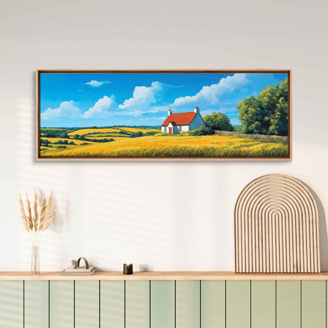 Red Roof Cottage In Golden Field Under Bright Blue Sky Poster