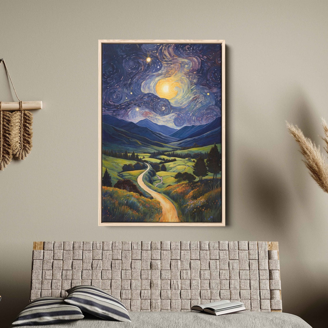 Starry Night Van Gogh Inspired Impressionist Wall Art Print Peaceful Rural Mountain Range Ready To Hang