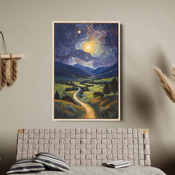 Starry Night Van Gogh Inspired Impressionist Wall Art Print Peaceful Rural Mountain Range Ready To Hang