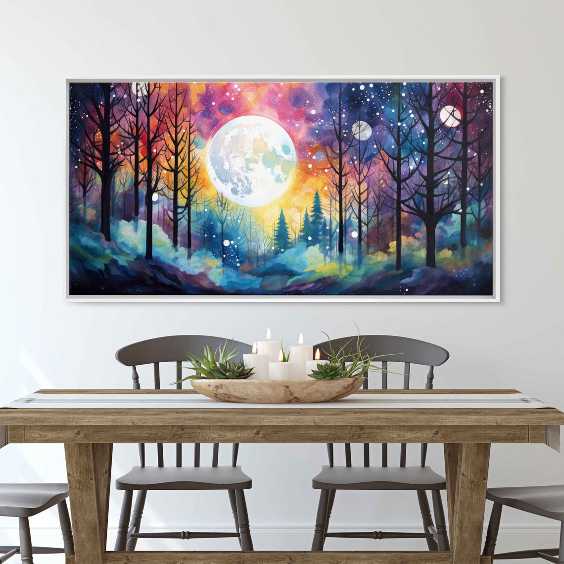 Colorful Moonlit Forest Full Moon Watercolor Night Trees Wall Art - Image 3