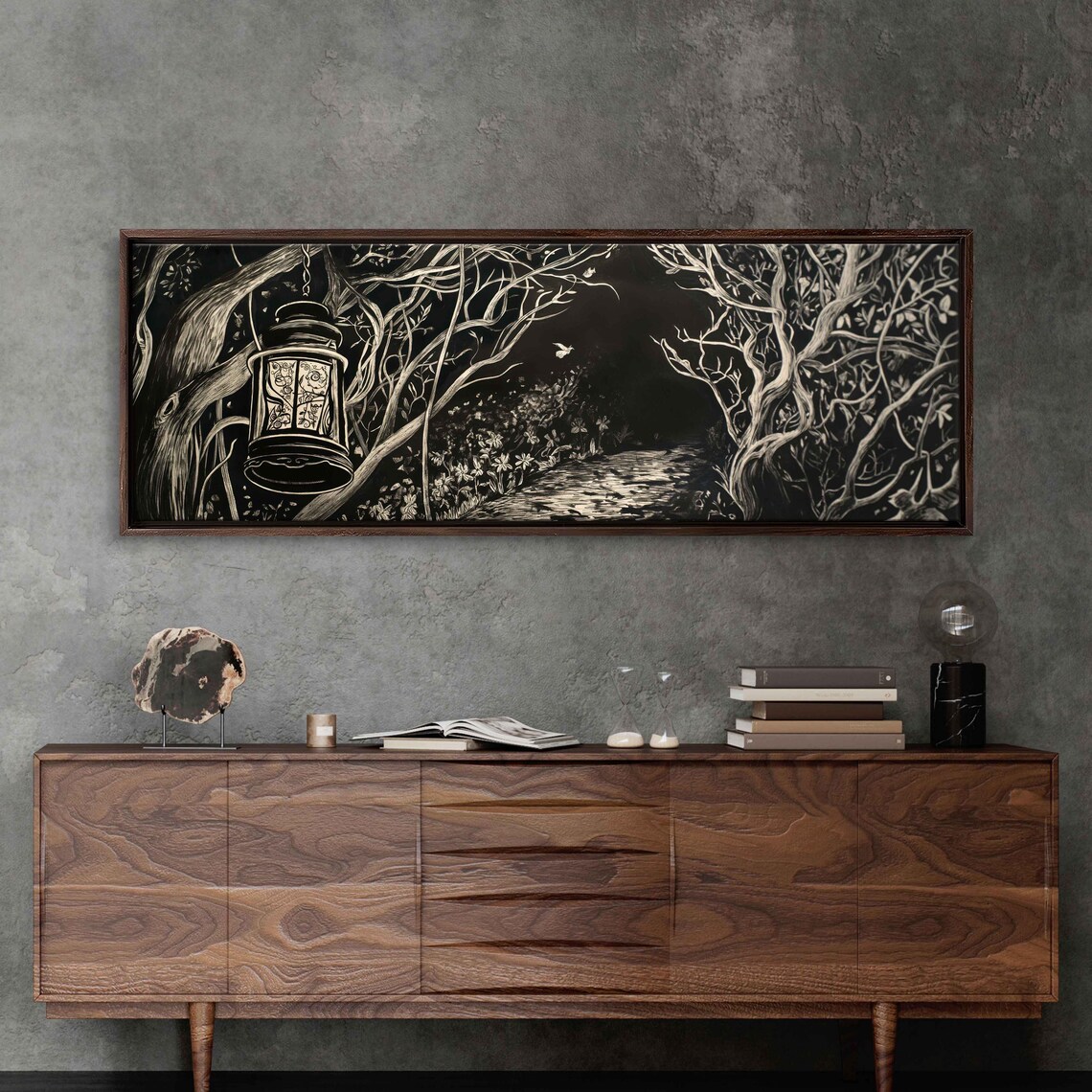 Gothic Lantern Glowing Over Twisted Tree Trail Night Ink Halloween Poster - Image 3
