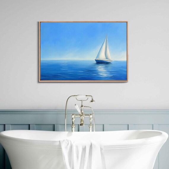 White Sailboat Sparkling Blue Ocean Bright Sunny Day Wall Poster