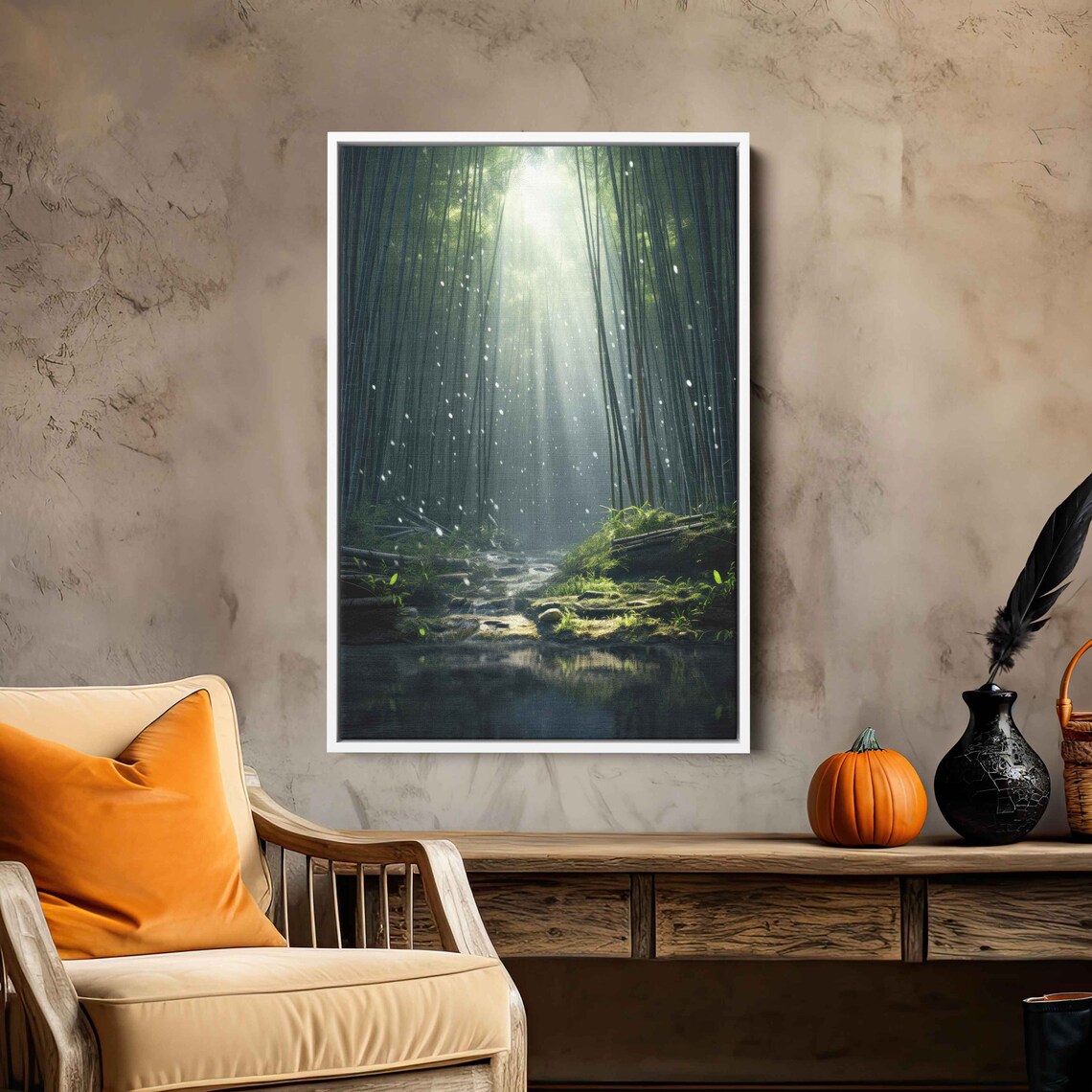 Bamboo Forest Wall Art Ready To Hang Gift For Nature Lover Sunrays Shining Through Forest Pond Reflection Ready To Hang