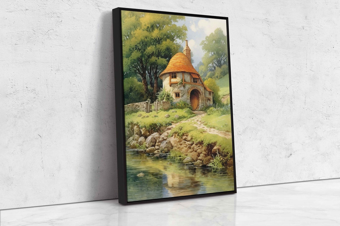 Storybook Stone Cottage River Orange Roof Fairytale Wall Art - Image 4