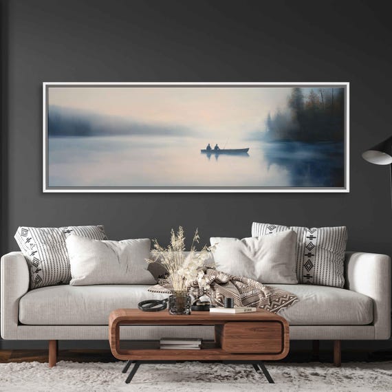 Serene Fishing Scene At Dawn Wall Art Print Misty Lake Soft Pastels Tranquil