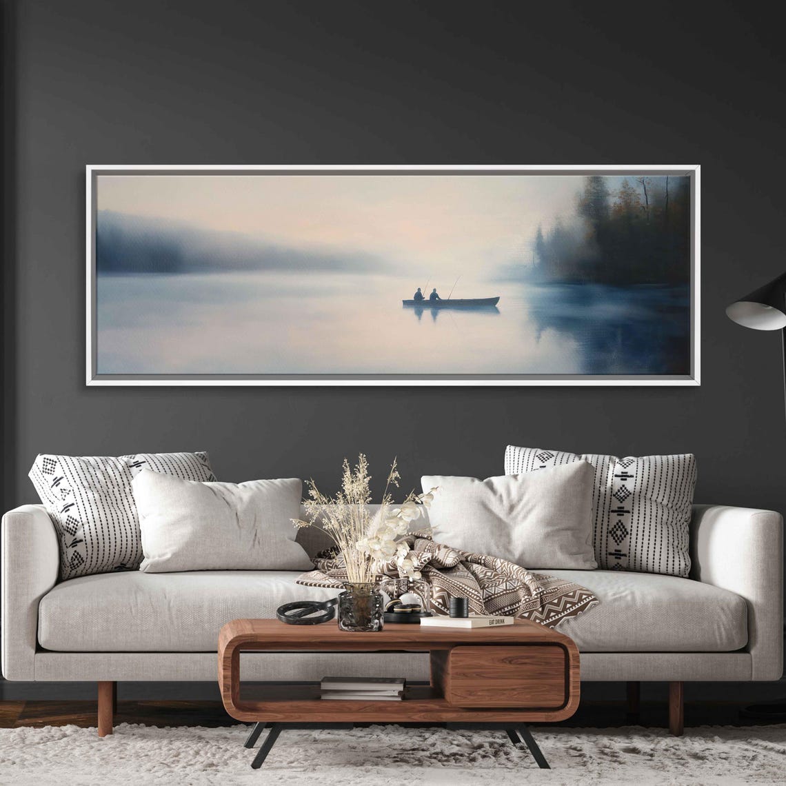 Serene Fishing Scene At Dawn Wall Art Print Misty Lake Soft Pastels Tranquil