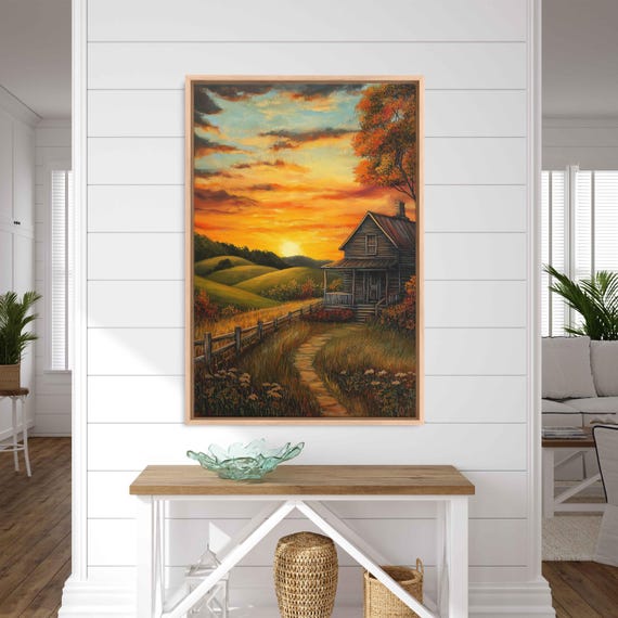 Rustic Farmhouse Sunset Wall Art Print Peaceful Landscape Earthy Tones Acrylic Art