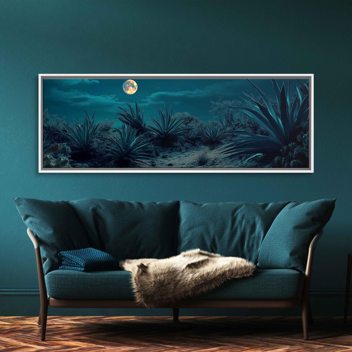 Panoramic Moonlit Agave Desert Under A Teal Full Moon Poster - Image 3