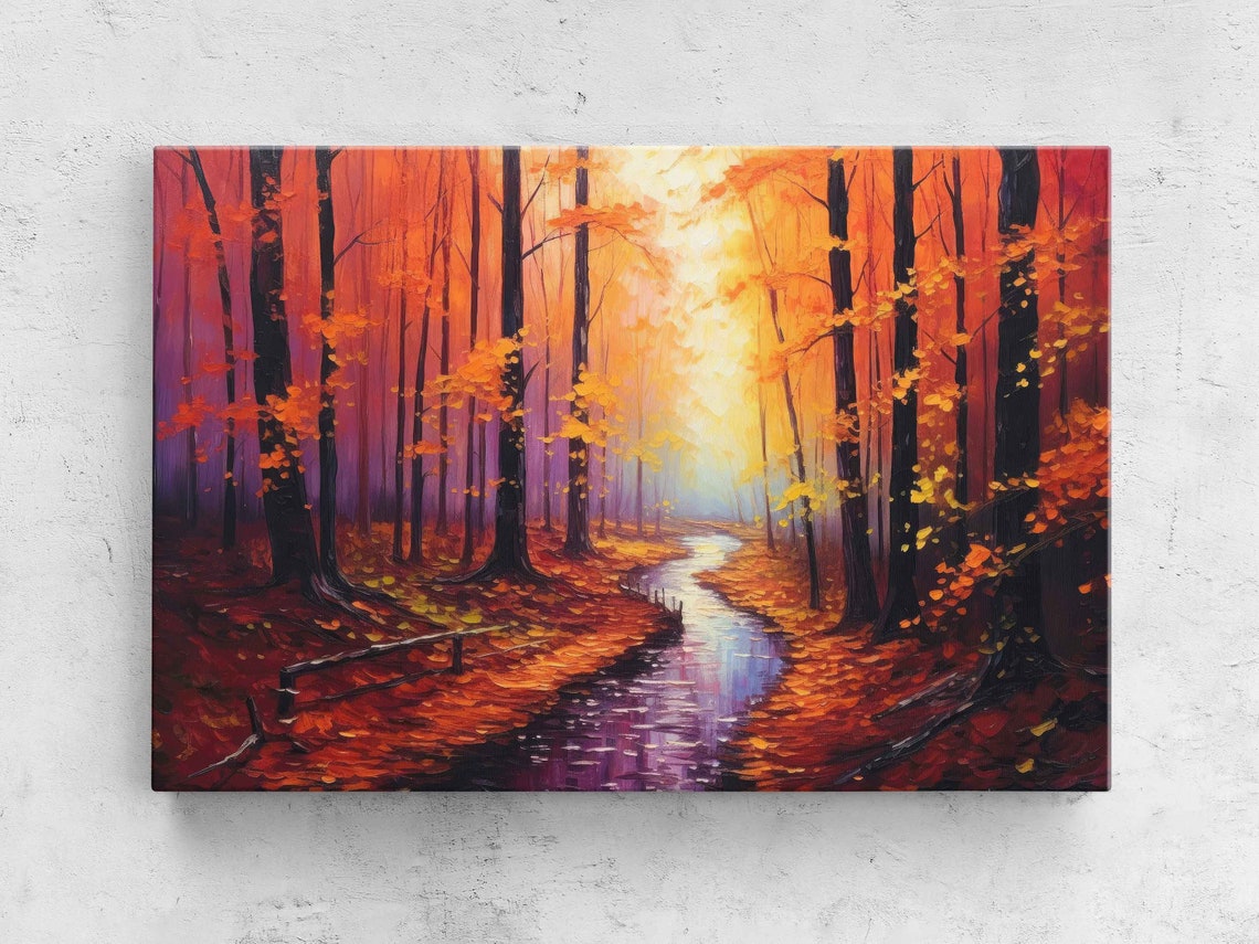 Autumn Forest Stream Red Orange Foliage Sunlight Oil Painting Poster