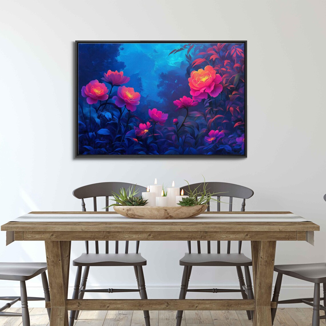 Neon Flowers Blooming, Twilight Sky Art Print
