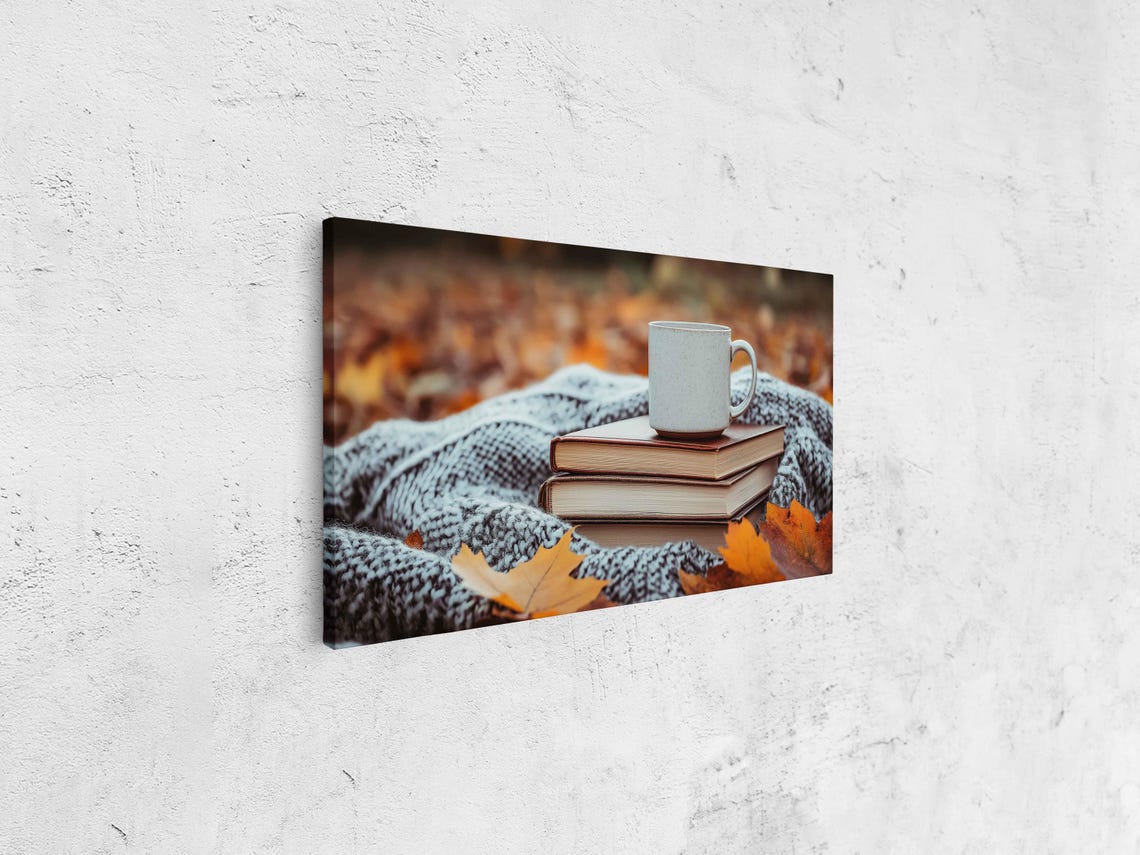 Cozy Coffee Mug Stacked Books Knit Blanket Autumn Leaves Fall Poster - Image 4