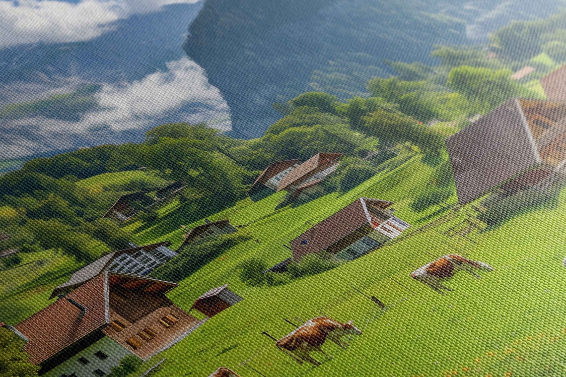 Alpine Village With Grazing Cows Mountain Chalets Summer Meadow Poster - Image 2
