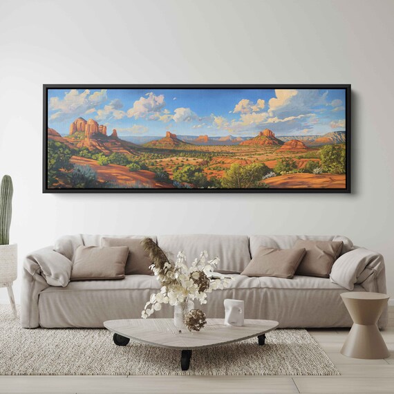 Sedona Arizona Red Rock Broad Panoramic Landscape Wall Art Print Western Painting Canyon Gorge Ready To Hang
