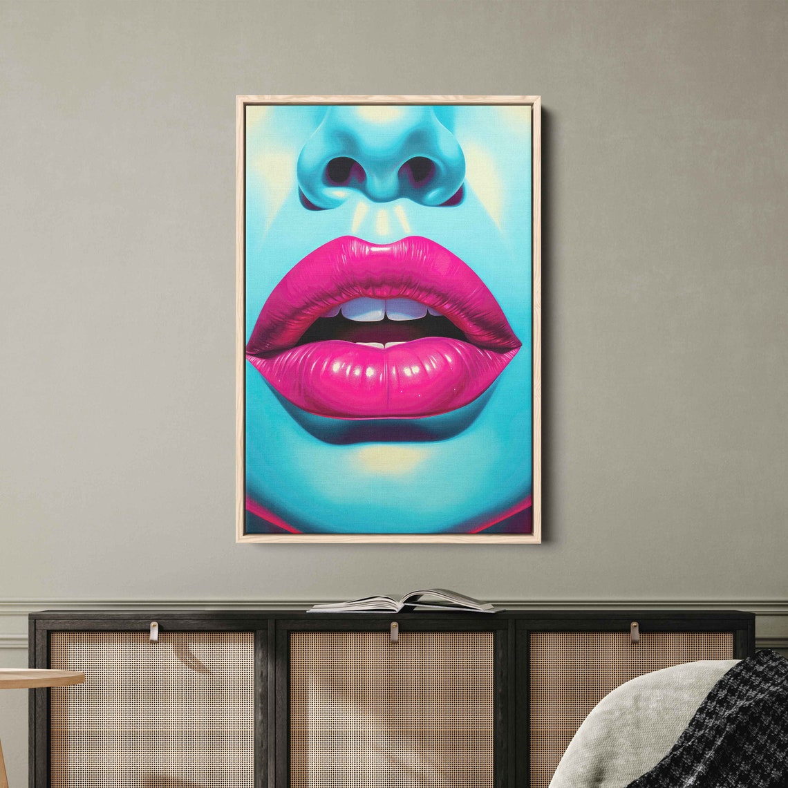 Pop Art Pink Lips On Blue Neon Face Bold Trendy Pop Culture Print - Image 3