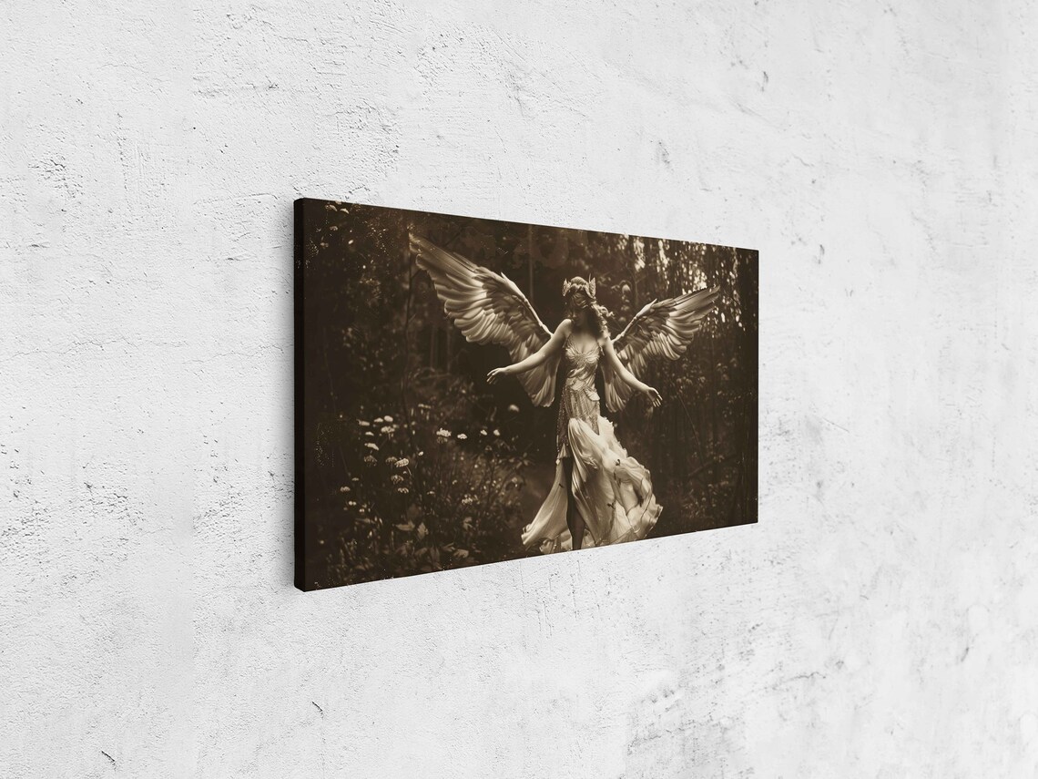 Angel With Majestic Wings And Flowing Dress In Forest Vintage Photo Wall Art Print Fairy Art Ready To Hang - Image 4