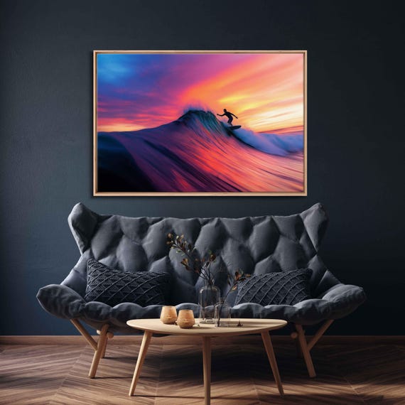 Surfer Catching Wave At Sunset Wall Art Print Neon Sunset Gift For Surfer Blue Water Ready To Hang