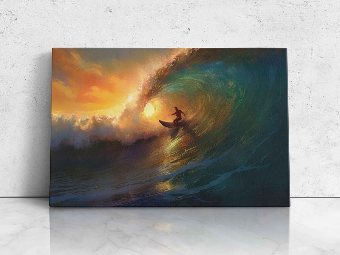 Surfing a Big Wave, Oil Painting Wall Art Print