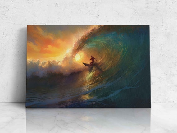 Surfing a Big Wave, Oil Painting Wall Art Print