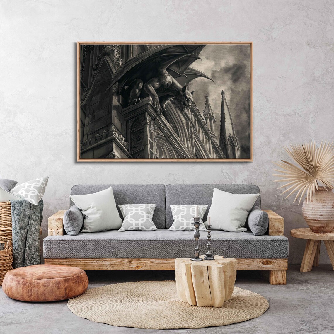 Stone Gargoyle Perched On Gothic Cathedral Ledge Monochrome Dramatic Art Poster - Image 3
