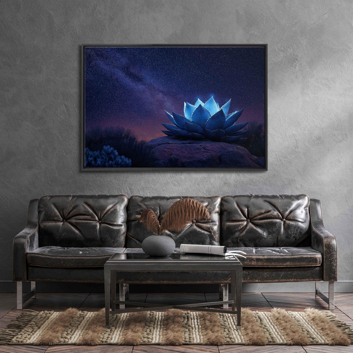 Glowing Blue Agave On Rock Under Milky Way Night Sky Art Poster
