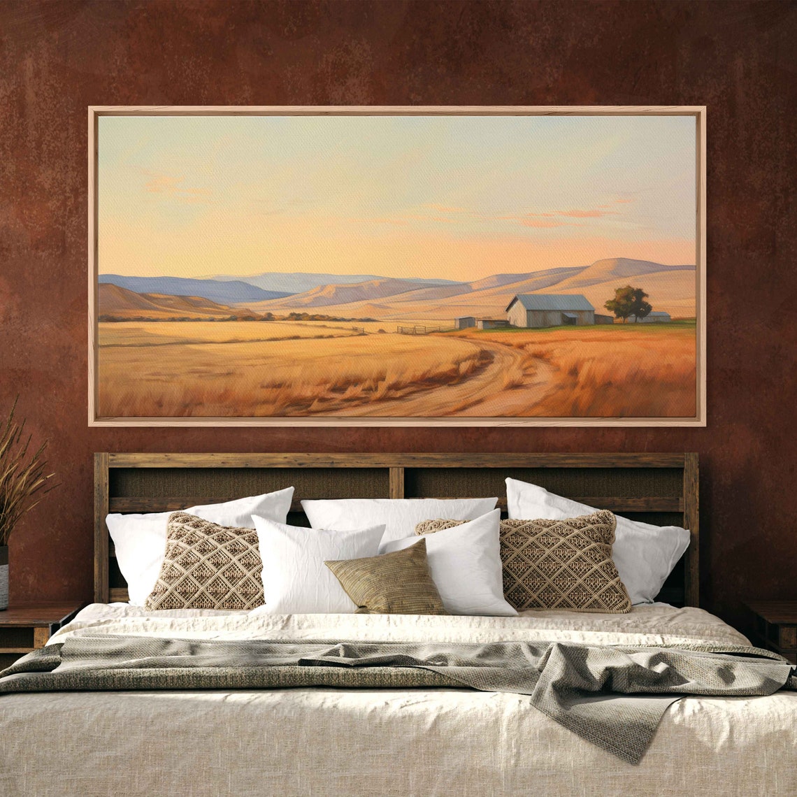 Minimalist Golden Farm Landscape With Barn Rolling Hills Sunset Poster - Image 3